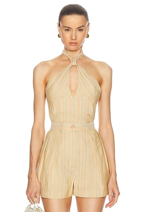 MATTHEW BRUCH Knotted Halter Top in Avocado Striped - Tan. Size 4 (also in ).