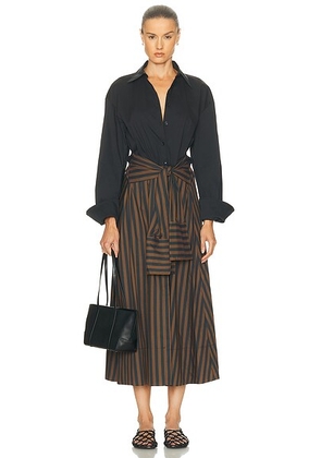 SIMONMILLER Loch Poplin Tie Maxi Dress in Black & Choco Brown Stripe - Brown. Size S (also in ).
