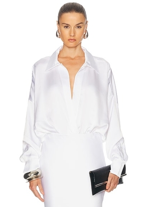 Norma Kamali Super Oversized Boyfriend Shirt Bodysuit in Snow White - White. Size S (also in L, M).
