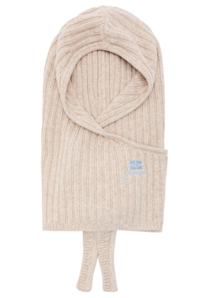 Ganni Core Future Logo-embroidered Wool-blend Balaclava - Sand - One Size