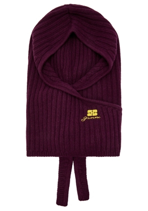Ganni Core Future Logo-embroidered Wool-blend Balaclava - Burgundy - One Size