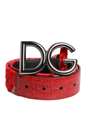 Red Viscose Silver DG Logo Metal Buckle Belt - 65 cm / 26 Inches