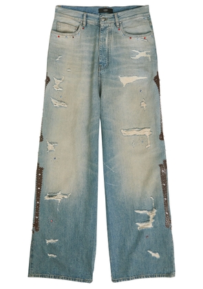 Amiri Bones Studded Distressed Relaxed Jeans - Blue - 34 (W34 / L)
