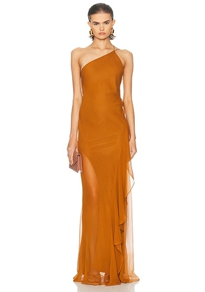 The Sei One Shoulder Ruffle Gown in Toffee - Brick. Size 2 (also in ).