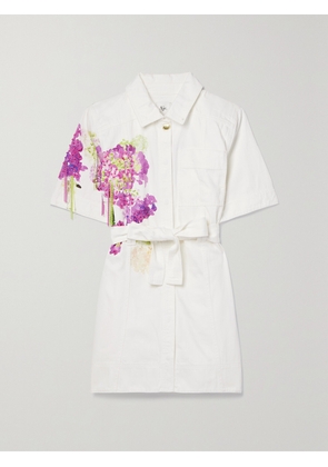 Aje - Belted Embellished Printed Denim Mini Shirt Dress - White - UK 4,UK 6,UK 8,UK 10,UK 12,UK 14,UK 16