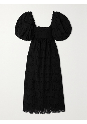 Farm Rio - Pineapple Lace-trimmed Smocked Broderie Anglaise Cotton Maxi Dress - Black - xx small,x small,small,medium,large,x large
