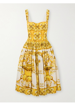 Dolce & Gabbana - Maiolica Pleated Printed Cotton-poplin Midi Dress - Yellow - IT36,IT38,IT40,IT42,IT44,IT46,IT48,IT50