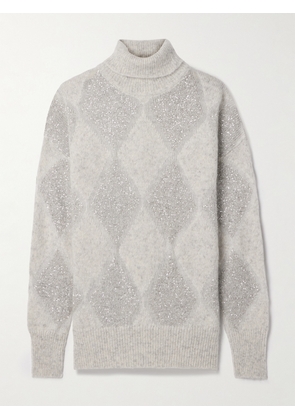 Brunello Cucinelli - Sequined Intarsia Argyle Wool And Mohair-blend Turtleneck Sweater - Gray - xx small,x small,small,medium,large