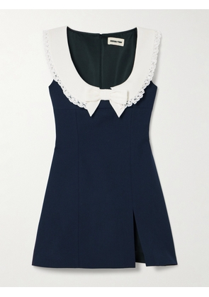 SHUSHU/TONG - Lace-trimmed Bow-detailed Wool And Silk-blend Twill Mini Dress - Blue - UK 4,UK 6,UK 8,UK 10,UK 12,UK 14,UK 16