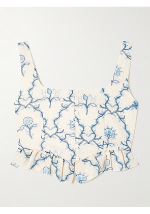 Agua by Agua Bendita - Eslabón Floritura Cropped Embroidered Linen Peplum Top - White - x small,small,medium,large,x large