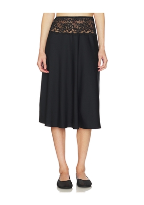 Frankies Bikinis Harper Satin Midi Skirt in Black. Size L. Also in M, S, XS, XXS.