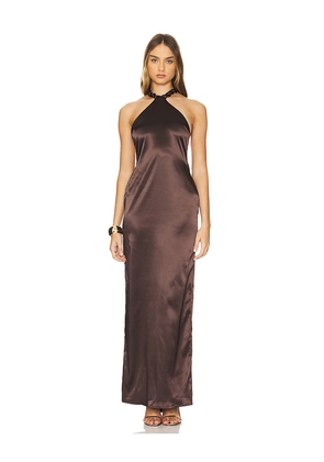 Khanums Satin Halter Maxi Dress in Brown. Size M. Also in S, XS.