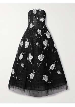 Carolina Herrera - Strapless Appliquéd Embellished Tulle Gown - Black - US6,US8