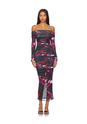 NICHOLAS Oaklyn Off Shoulder Shirred Midi Dress in Purple. Size 0. Also in 10, 2, 4, 6.