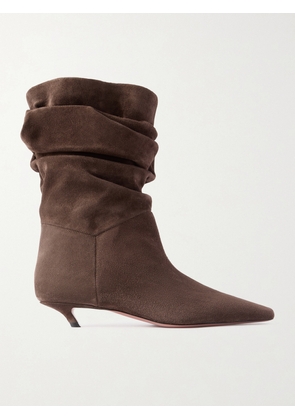 Amina Muaddi - Jamie Ruched Suede Ankle Boots - Brown - IT35,IT36,IT37,IT37.5,IT38,IT38.5,IT39,IT39.5,IT40,IT40.5,IT41,IT41.5,IT42