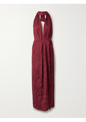 Johanna Ortiz - Wildly Beautiful Tasseled Satin-jacquard Halterneck Maxi Dress - Burgundy - US0,US2,US4,US6,US8,US10