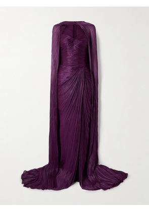 Marmar Halim - Cape-effect Plissé Silk-satin Gown - Purple - EU 36,EU 38,EU 40,EU 42,EU 44,EU 46