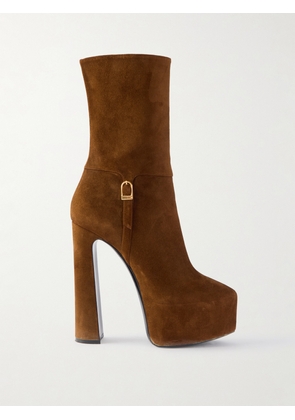 SAINT LAURENT - Nico Buckled Suede Platform Boots - Brown - EU 35.5,EU 36,EU 36.5,EU 37,EU 37.5,EU 38,EU 38.5,EU 39,EU 39.5,EU 40