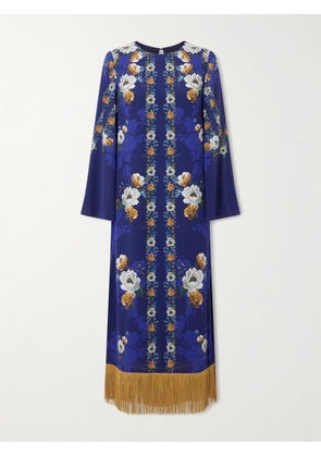 Borgo de Nor - Fringed Floral-print Satin-crepe Maxi Dress - Blue - UK 6,UK 8,UK 10,UK 12,UK 14,UK 16