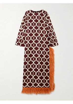 Borgo de Nor - Brunetta Feather-trimmed Cotton-blend Jacquard Maxi Dress - Brown - UK 6,UK 8,UK 10,UK 12,UK 14