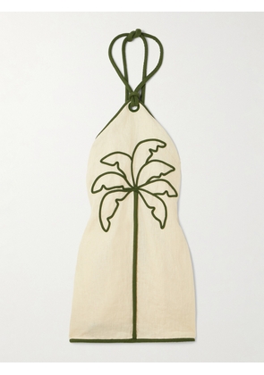 Farm Rio - Appliquéd Linen Halterneck Mini Dress - Neutrals - xx small,x small,small,medium,large,x large