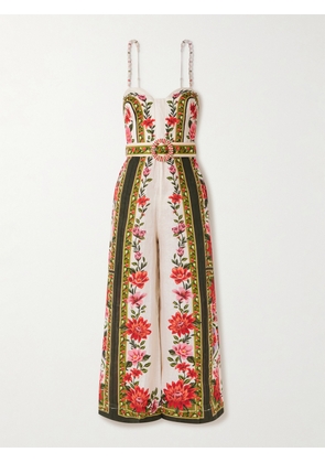 Farm Rio - Wonder Rio Belted Embellished Printed Linen Jumpsuit - White - xx small,x small,small,medium,large,x large