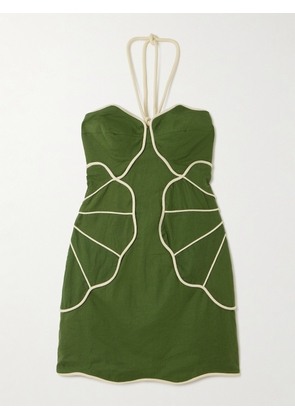 Farm Rio - Appliquéd Linen-blend Halterneck Mini Dress - Green - xx small,x small,small,medium,large,x large