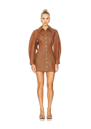 MATTHEW BRUCH Seamed Leg Of Mutton Sleeve Mini Dress in Brown. Size 2. Also in 6.