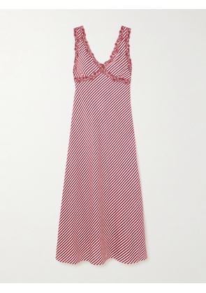 Loretta Caponi - Albina Corded Lace-trimmed Pleated Striped Satin Chemise - Red - x small,small,medium,large,x large