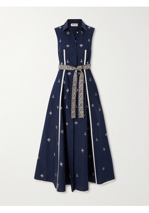 Emporio Sirenuse - Belted Embroidered Cotton-poplin Midi Dress - Blue - IT36,IT38,IT40,IT42,IT44,IT46,IT48,IT50