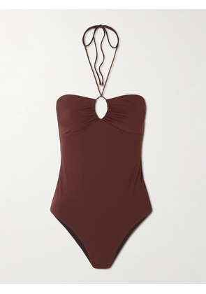 Tory Burch - Ruched Cut-out Recycled Halterneck Swimsuit - Burgundy - x small,small,medium,large,x large