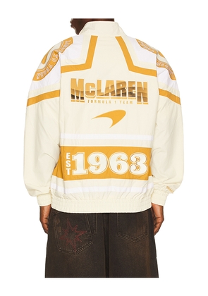 Mitchell & Ness x McLaren Formula 1 Throw It Back Windbreaker Jacket in Cream. Size L. Also in M, S, XL/1X.
