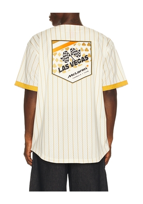 Mitchell & Ness x McLaren Formula 1 Mesh Button Front Jersey in Cream. Size L. Also in M, S, XL/1X.
