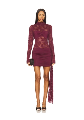 Runaway The Label Larna Lace Long Sleeve Mini Dress in Wine. Size L. Also in M, S, XL, XS.