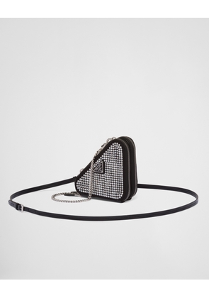 Triangular embellished satin and leather mini-pouch
