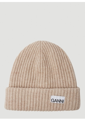 GANNI Logo Patch Ribbed Beanie Hat - Woman Hats Sand One Size