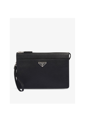 Mens Prada Logo-Plaque Saffiano-Leather Pouch