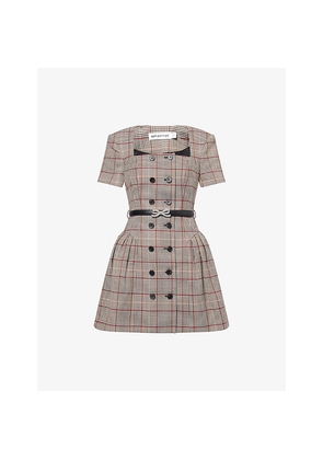 Womens Self-Portrait Check-Print Square-Neck Wool-Blend Mini Dress