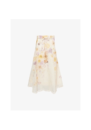 Womens Zimmermann Memento Embroidered Linen and Silk Midi Skirt