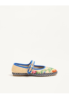 Valentino Garavani Mary-Jane Endouce Ballerina In Raffia With Floral Embroidery Woman NATURAL/MULTICOLOUR 36