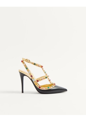 Valentino Garavani Rockstud Calfskin Pumps With Cabochon And 100Mm Crystals Woman BLACK/ANTIQUE BRASS 36