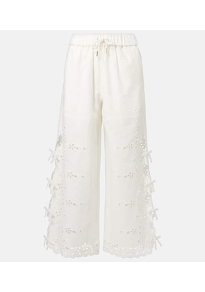 Self-Portrait Embroidered linen and cotton wide-leg pants