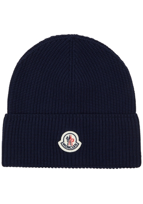Moncler Logo Ribbed Cotton Beanie - Navy - One Size