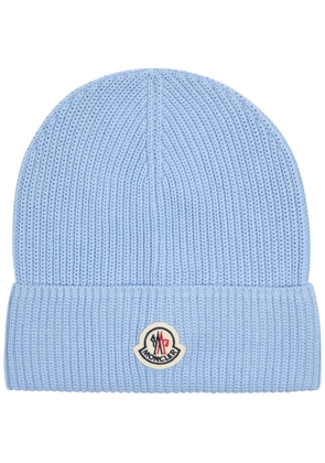 Moncler Logo Ribbed Cotton Beanie - Light Blue - One Size