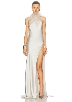 The New Arrivals by Ilkyaz Ozel Jazzy Feather Detailed Satin Dress in Taj Mahal - White. Size 36 (also in 38).