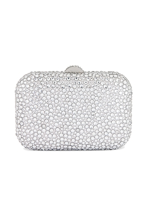 olga berg Casey Hot Fix Encrusted Clutch in Metallic Silver.