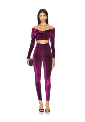 Maygel Coronel X Revolve Bagolo Catsuit in Purple.
