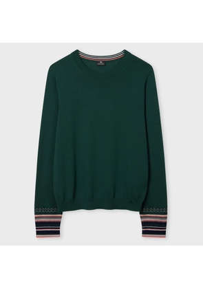 PS Paul Smith Women's Dark Green Merino Wool Stripe Cuff Sweater