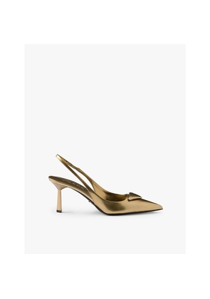 Womens Prada Brand-Plaque Metallic-Leather Slingback Courts