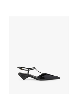 Womens Prada Logo-Plaque Patent-Leather Heeled Courts